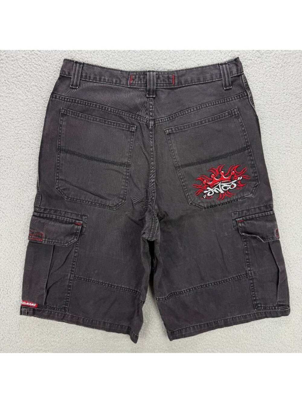 JNCO Jeans Shorts Mens 33 Faded Black Cargo Jorts Crown Skater Denim Vintage Y2K